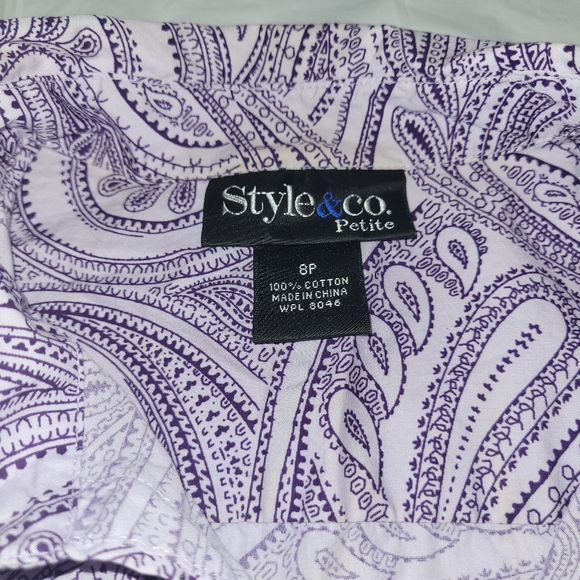 Style & Co Petite: Purple Paisley 3/4 Sleeve, Deep-Cut Button-Down Top, Size 8P - Picture 9 of 16